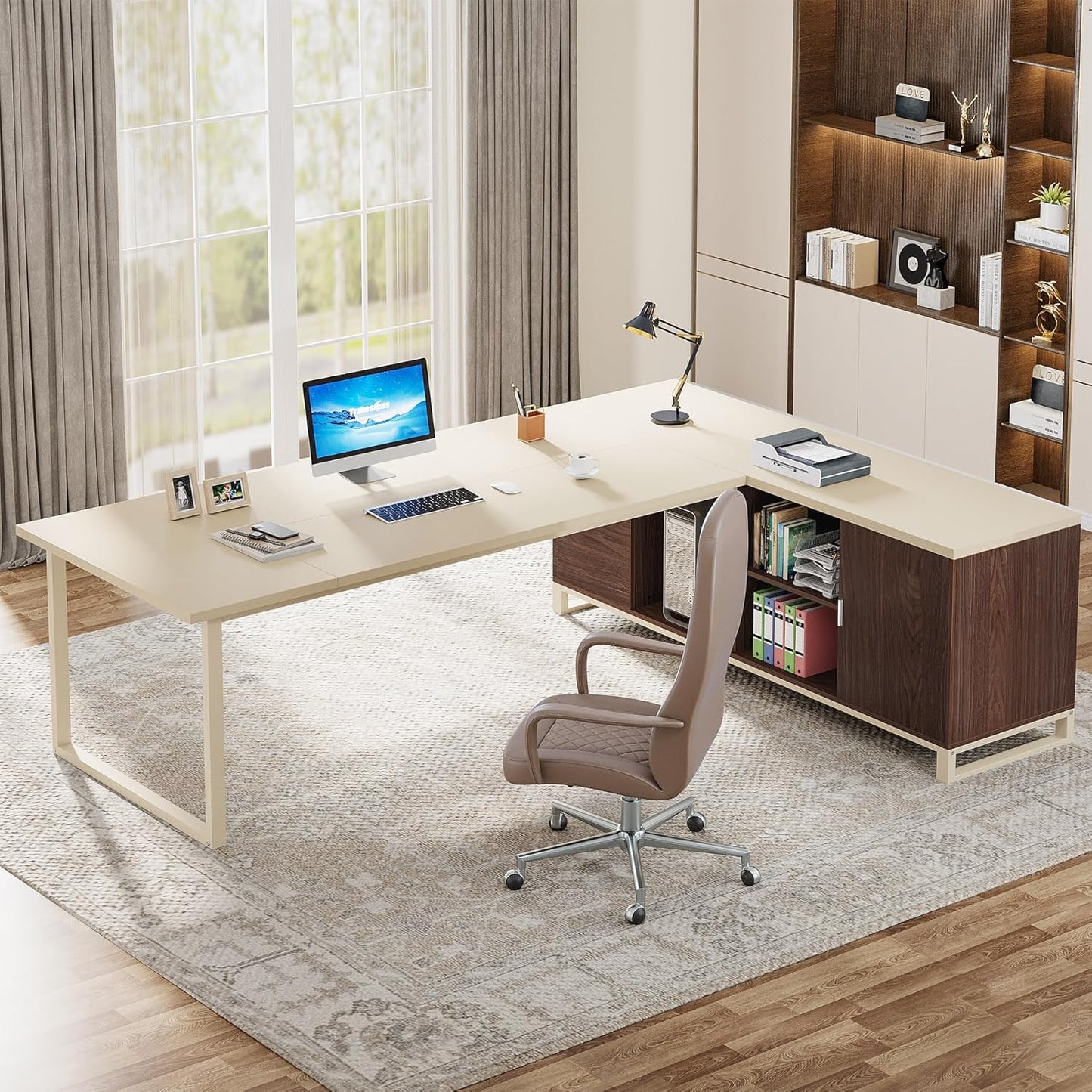 COMFYLIX 70.8" Executive Desk, Modern L Shaped Computer Desk with Storage Shelves and Cabinet