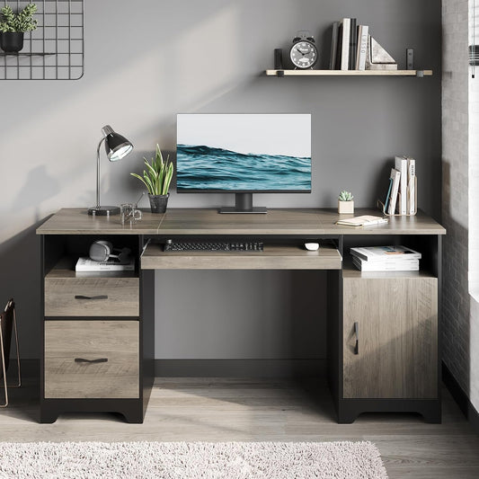 COMFYLIX 59” Computer Desk with Storage Cabinet, Industrial Wood Desk with File Drawer for Home Office & Studio, Gray