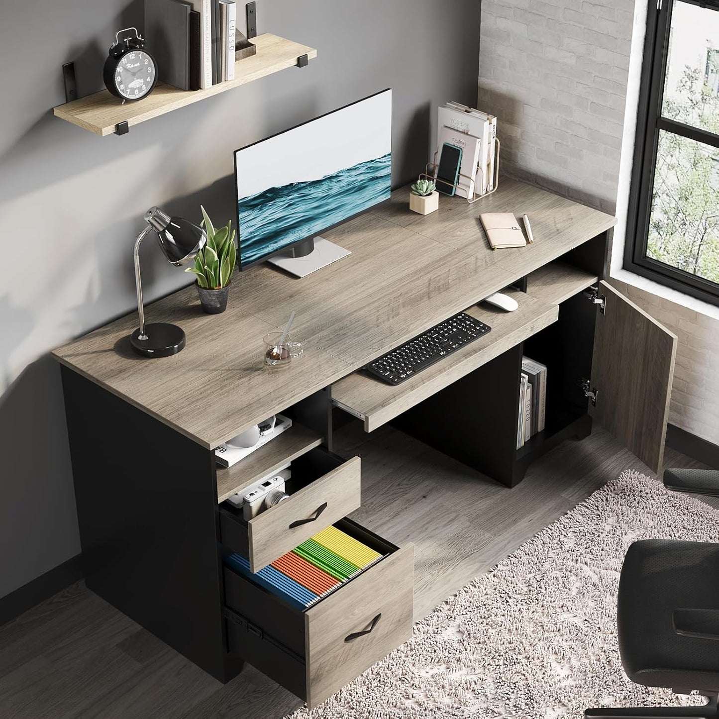 COMFYLIX 59” Computer Desk with Storage Cabinet, Industrial Wood Desk with File Drawer for Home Office & Studio, Gray