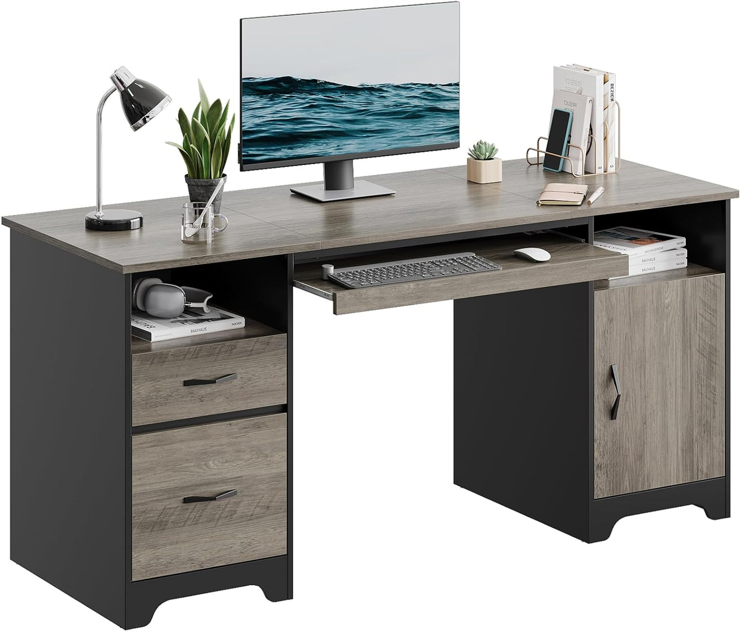 COMFYLIX 59” Computer Desk with Storage Cabinet, Industrial Wood Desk with File Drawer for Home Office & Studio, Gray