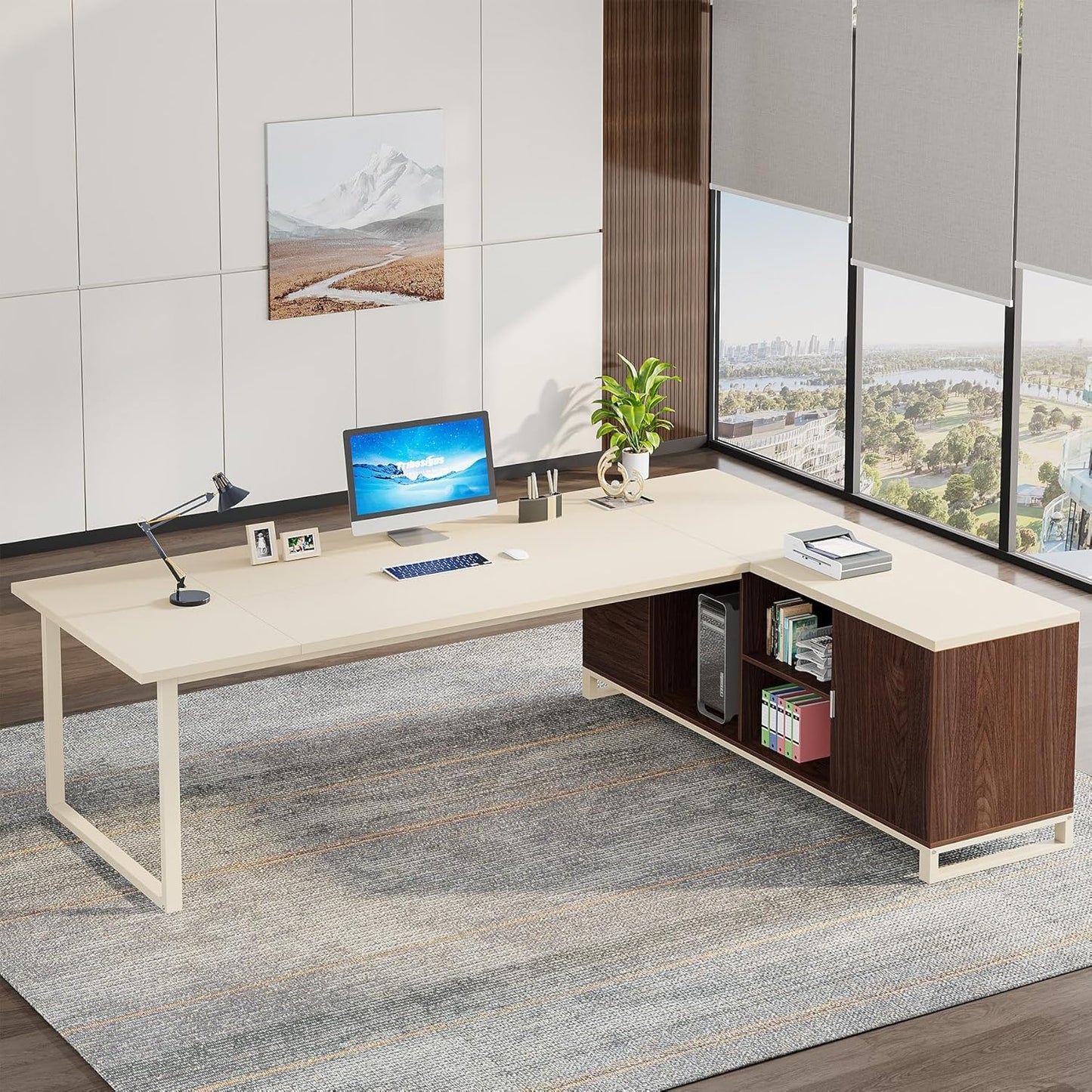 COMFYLIX 70.8" Executive Desk, Modern L Shaped Computer Desk with Storage Shelves and Cabinet