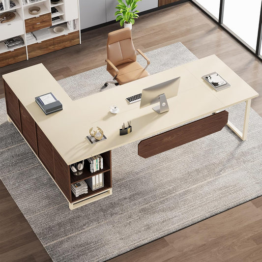 COMFYLIX 70.8" Executive Desk, Modern L Shaped Computer Desk with Storage Shelves and Cabinet